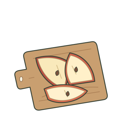 Three red-skinned apple wedges with cream flesh and brown seeds on a small wooden cutting board.
