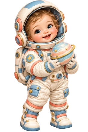 A smiling baby in a cream-and-blue spacesuit holds a small ringed planet.