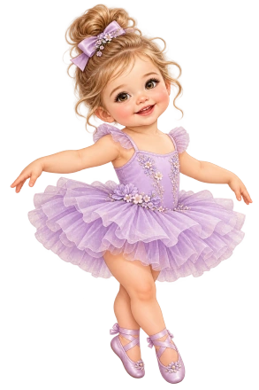 A baby ballerina balances in a lavender tutu with matching ballet shoes and a flowered hair bow.