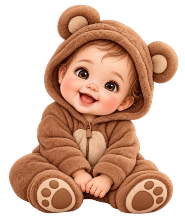 A seated baby wears a plush brown bear suit with round ears and paw-print soles.
