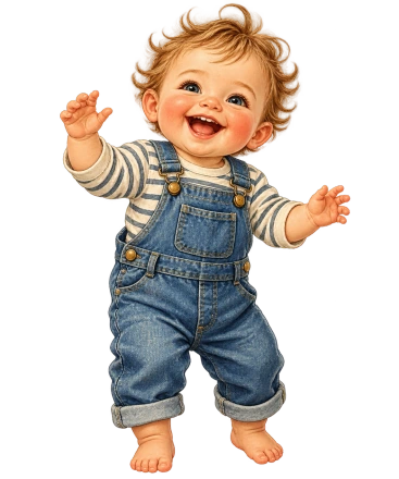 A smiling baby stands barefoot in blue denim overalls and a striped cream shirt with arms raised.