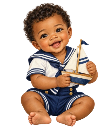 A curly-haired baby in a navy sailor suit holds a wooden toy sailboat while sitting barefoot.