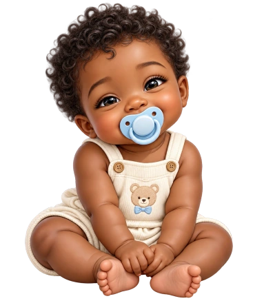 A curly-haired baby sits in cream bear-patterned overalls with a blue pacifier.