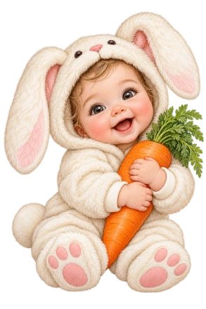 A baby in a cream bunny costume holds an orange carrot between soft pink paw pads.