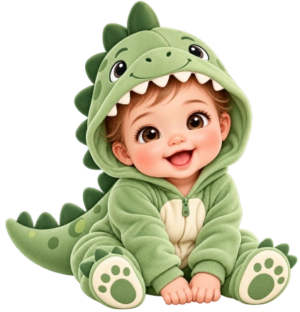 A seated baby wears a green dinosaur suit with soft back spikes and a tooth-edged hood.