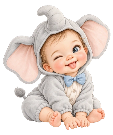 A baby in a gray elephant suit sits with large pink-lined ears, a curled trunk hood and a blue bow tie.