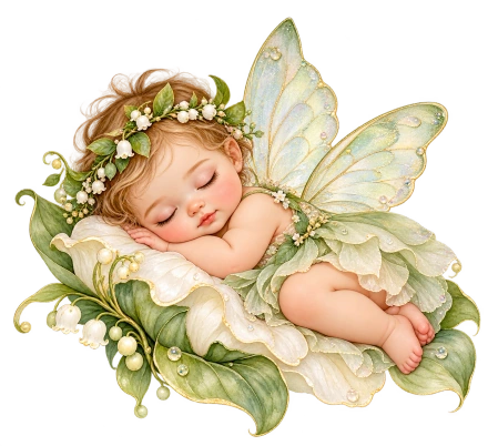 A sleeping baby with translucent butterfly wings rests on pale petals beneath a small flower crown.