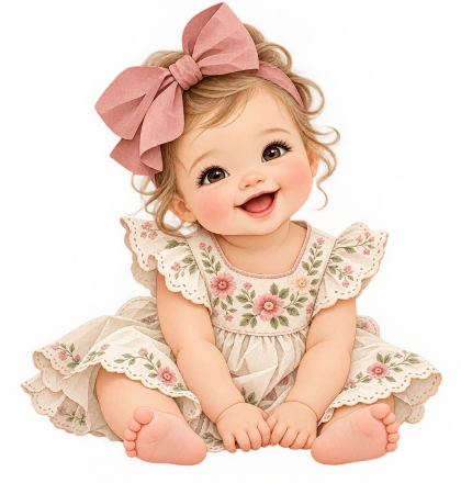 A smiling baby in a cream floral dress sits beneath a large dusty-pink hair bow.