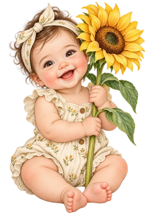 A seated baby in a floral romper holds a tall yellow sunflower beside a cream headband.