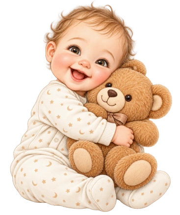 A baby in cream star-patterned pajamas hugs a brown teddy bear while sitting barefoot.