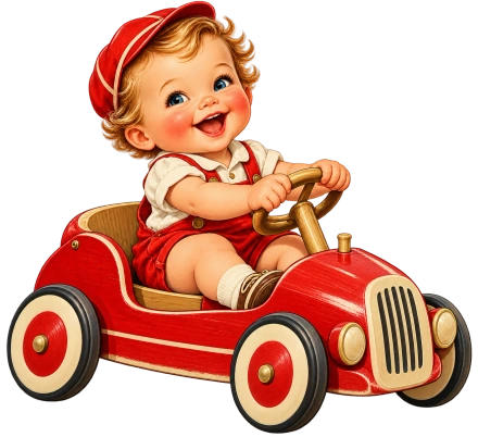 A smiling baby in a red cap sits at the wheel of a red vintage-style toy car.