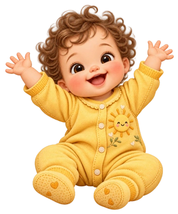 A baby in a yellow sunshine onesie sits with both hands raised and a wide smile.