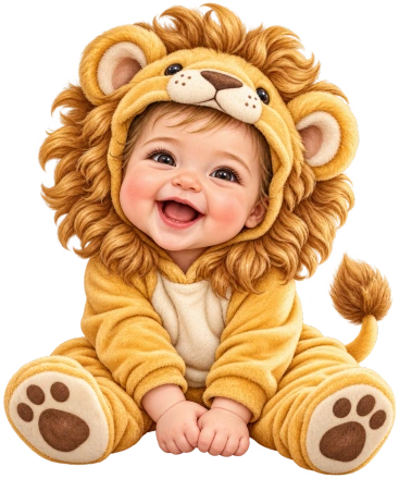 A seated baby wears a golden lion costume with a fluffy mane, rounded paws and a curled tail.