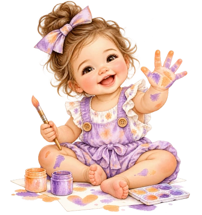 A baby in a lavender outfit holds a paintbrush and raises a paint-covered hand beside small paint pots.