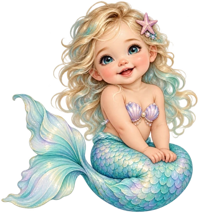 A baby mermaid with a starfish hair clip sits with a curled turquoise scaled tail and purple shell top.