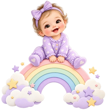 A baby in lavender pajamas sits on a pastel rainbow surrounded by clouds and yellow stars.