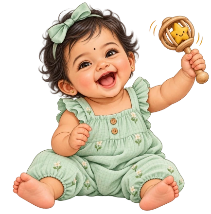 A smiling baby in a mint-green romper and bow holds a wooden star rattle beside one shoulder.