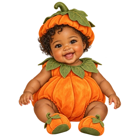 A curly-haired baby wears a round orange pumpkin suit with a leafy collar, matching hat and green shoes.