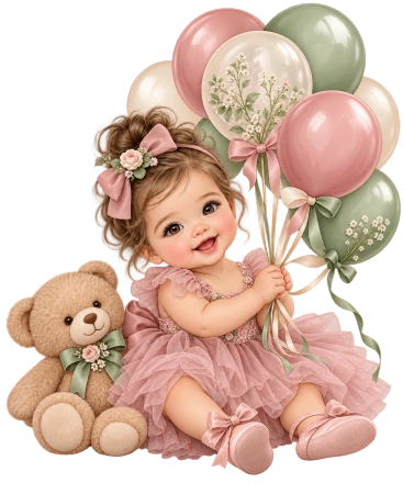 A baby in a pink dress sits beside a teddy bear and holds a cluster of pink, cream and green balloons.