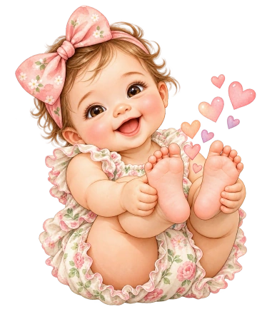 A smiling baby in a floral outfit and pink bow holds both feet up beside floating pink hearts.
