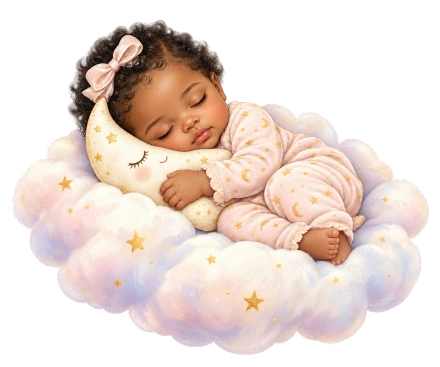 A sleeping baby in pale peach pajamas rests on a fluffy pastel cloud scattered with yellow stars.