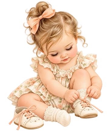 A seated baby in a cream floral outfit looks down while handling the laces of pale pink shoes.