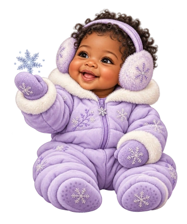 A baby in a quilted lavender snowsuit and fuzzy earmuffs reaches toward a small blue snowflake.