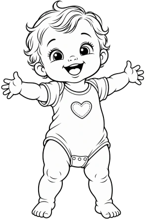 A black-and-white baby in a heart-emblem onesie stands with both arms open.