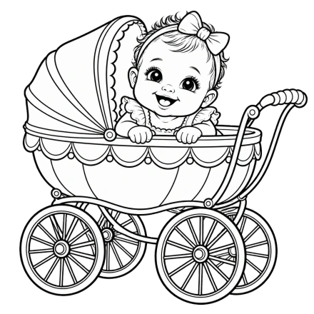 A smiling baby with a bow peeks from a vintage stroller drawn with black outlines and large spoked wheels.