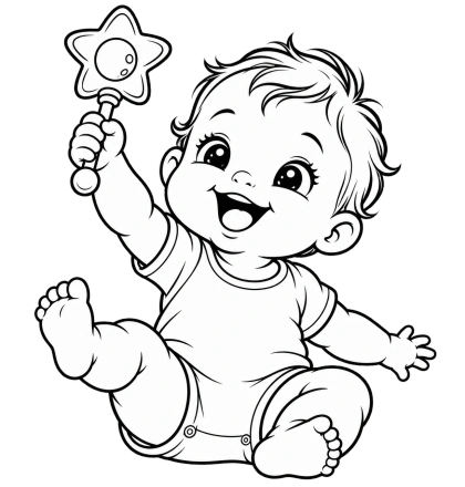 A seated baby raises a smiling star rattle in a black-and-white line drawing.