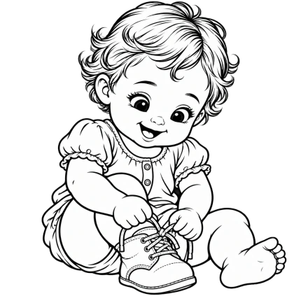 A seated baby bends over a lace-up shoe in a black-and-white drawing.