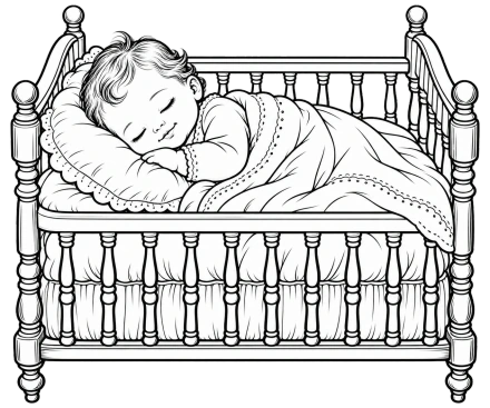 A baby sleeps under a blanket in a wooden crib with turned posts, drawn in black and white.