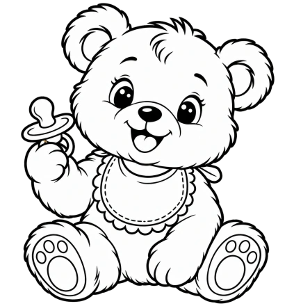 A teddy bear with a bib sits holding a pacifier in a bold black-and-white drawing.
