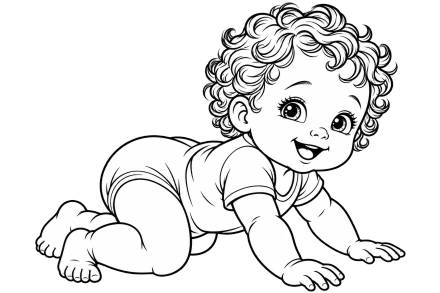 A curly-haired baby crawls on hands and knees in a black-and-white outline drawing.