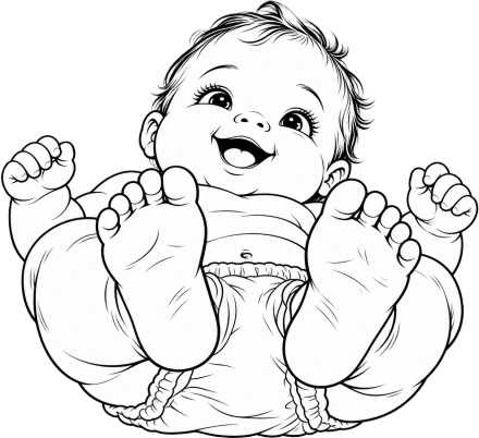 A smiling baby lies back with both bare feet raised toward the viewer in a black line drawing.