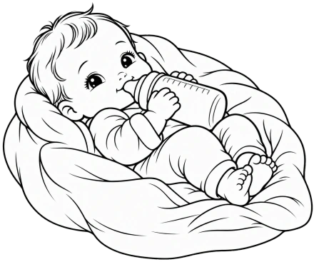 A baby reclines on a soft cushion while holding a milk bottle in a black-and-white illustration.