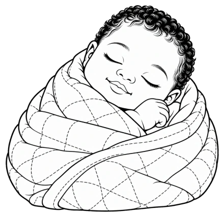 A sleeping baby with short curls nestles in a quilted swaddle, drawn with clear black outlines.