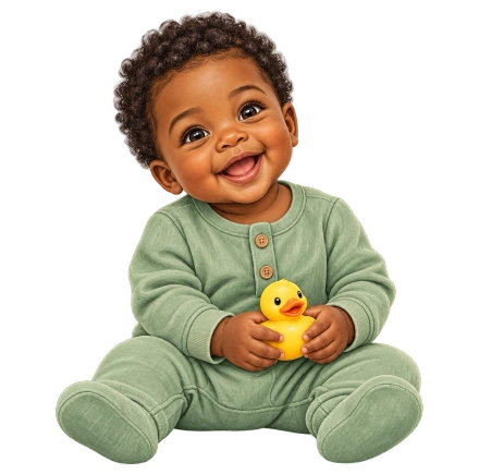 A smiling curly-haired baby in a green sleepsuit holds a small yellow rubber duck.