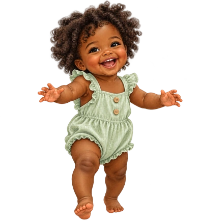 A curly-haired baby in a pale green romper steps forward with arms outstretched.