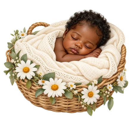 A sleeping newborn rests on a cream knitted blanket inside a woven basket trimmed with white daisies.
