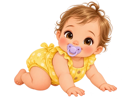 A baby in a yellow floral romper crawls forward with a purple pacifier.