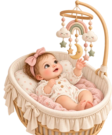 A baby reclines in a cream bassinet and reaches toward a wooden mobile with stars, clouds and a rainbow.