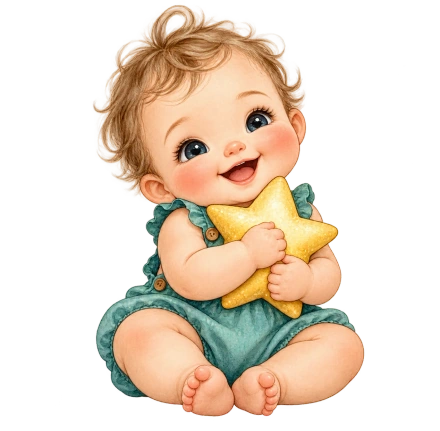 A seated baby in a teal romper hugs a large yellow star close to the chest.