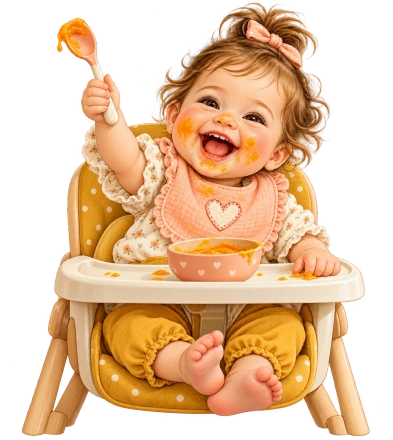 A baby in a wooden high chair holds a spoon over a bowl with orange puree on the face and bib.