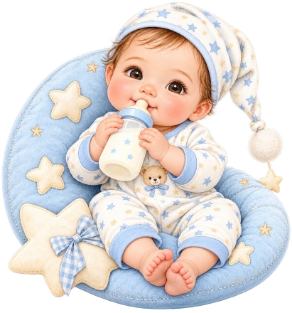 A baby in blue star-patterned pajamas holds a milk bottle while sitting against a matching crescent cushion.