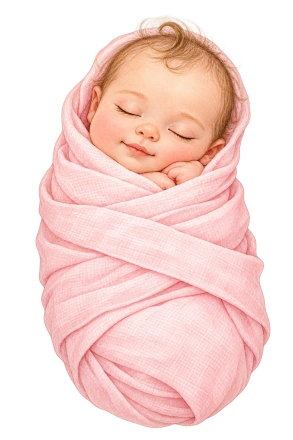 A sleeping newborn is wrapped snugly in a softly textured pink blanket.