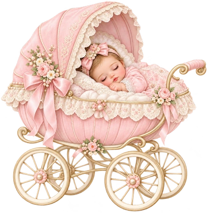 A baby sleeps beneath a lace-trimmed pink canopy in a floral vintage stroller with large cream wheels.