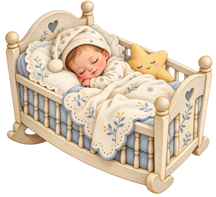 A sleeping baby in a cream bonnet lies in a wooden rocking crib with blue floral bedding and star cushions.