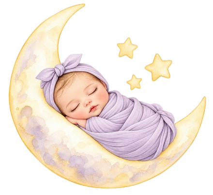 A baby wrapped in lavender sleeps on a pale yellow crescent moon beside small golden stars.