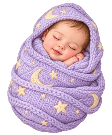 A sleeping newborn is wrapped in a purple knitted hooded blanket decorated with yellow moons and stars.
